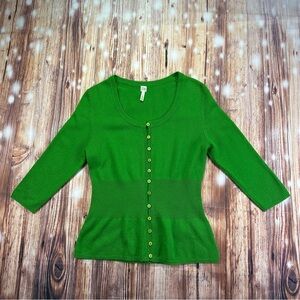 FUTURE PARADISE 100% Cashmere Kelly Green Button Front Cinched Waist Sweater S